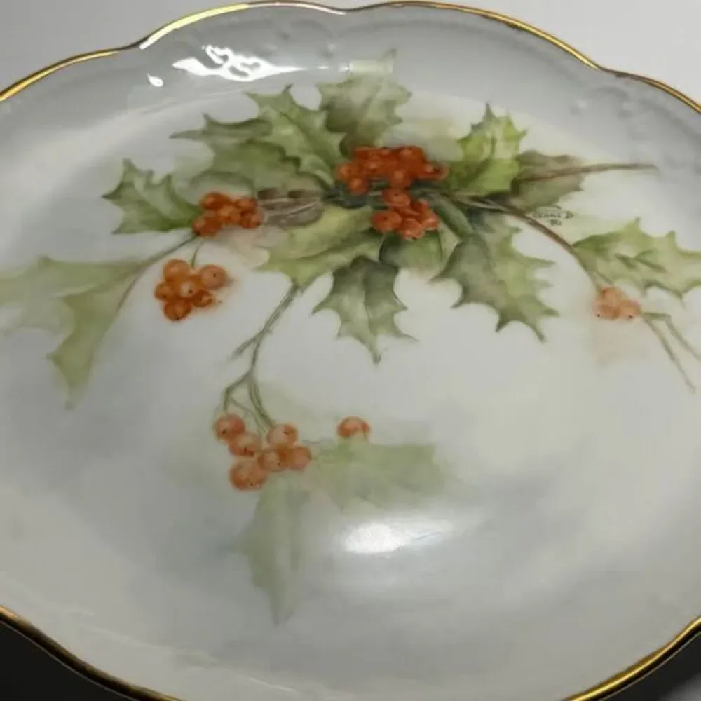 Vintage Hand-Painted Holly and Berry Porcelain Plate Signed 1980
